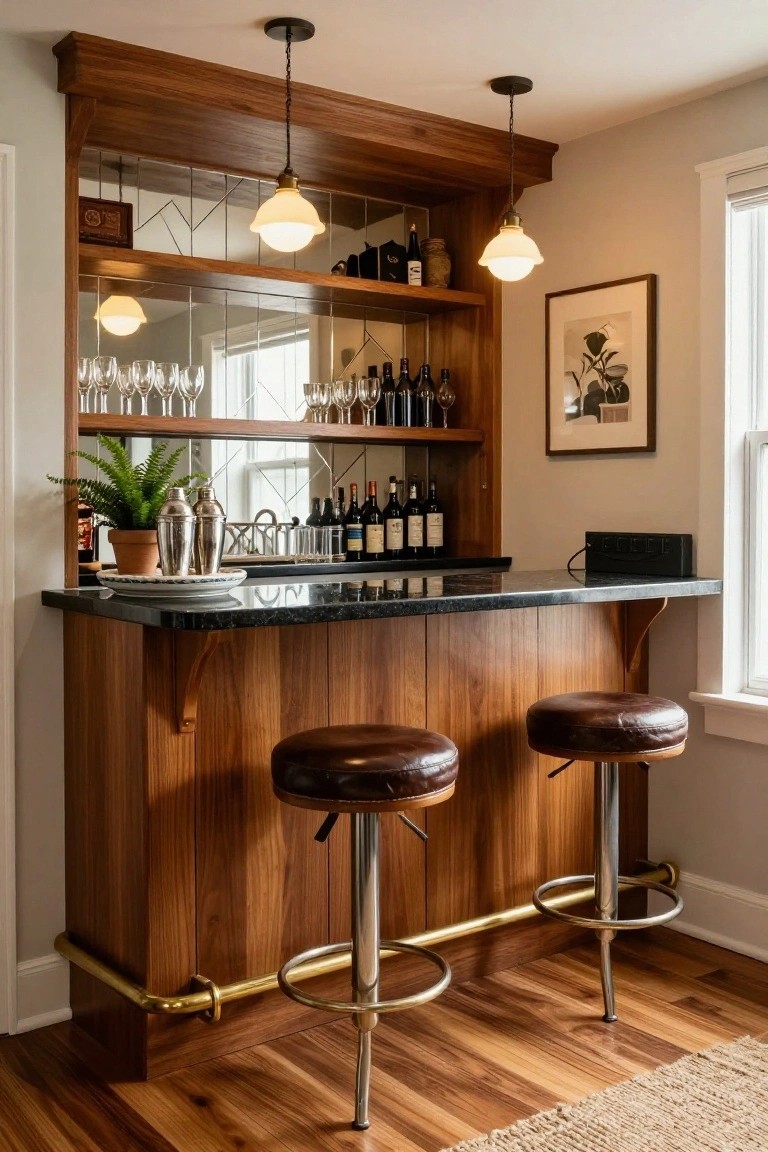 Custom-built wooden bar with walnut cabinetry, granite countertop, two leather swivel stools with brass foot rails, mirrored back bar shelving stocked with glassware and liquor bottles, pendant globe lights, and a potted plant on the counter.