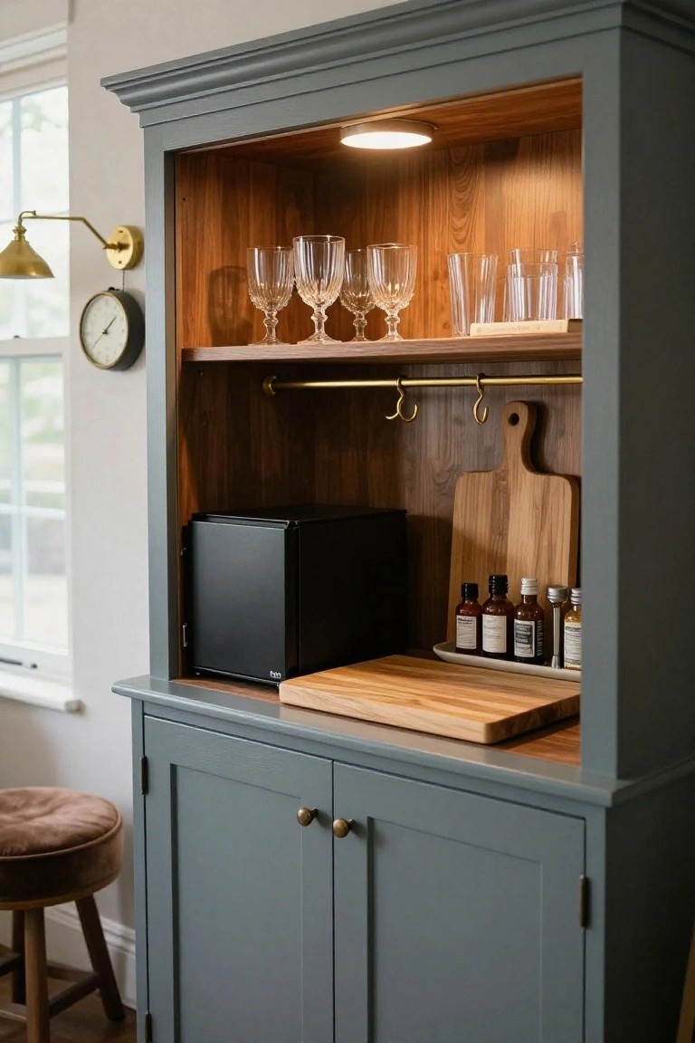 Teal-painted wooden bar cabinet with open wood shelves holding glasses and bottles, integrated black mini fridge, wood cutting boards, and gold hooks, next to a window and stool.