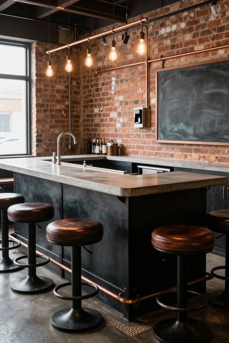 Home bar interior with exposed brick walls, black metal framed counter with concrete top, leather barstools, copper pipe pendant lights, and a chalkboard on the wall.