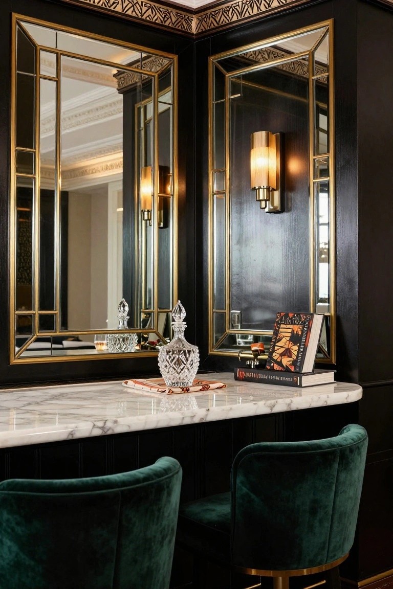 Corner indoor bar with black walls, tall gold-framed geometric mirrors, marble countertop holding a crystal decanter and book, wall sconces, and two green velvet barstools.