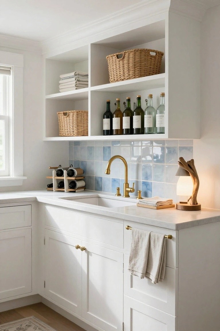 White open shelving above a blue mosaic tile backsplash and white farmhouse sink with gold faucet, displaying wine bottles, wicker baskets, and linens in a compact kitchen corner with wooden wine rack and driftwood lamp on the counter.