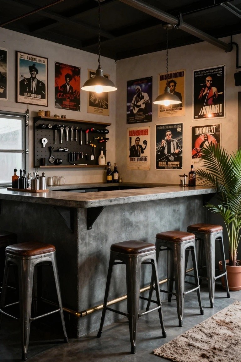 Home bar interior featuring a concrete countertop, four leather-padded metal stools, black pegboard wall with hanging bar tools and bottles, vintage movie posters on walls, pendant lights, and a potted palm plant.