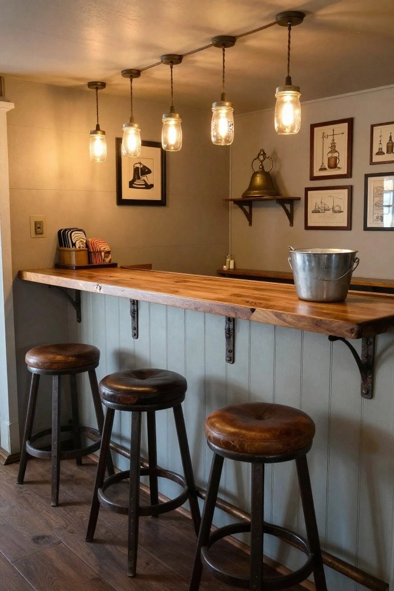Rustic indoor bar with live-edge wooden countertop on brackets, four wooden barstools with leather seats, mason jar pendant lights overhead, ice bucket on top, and nautical prints on the wall.