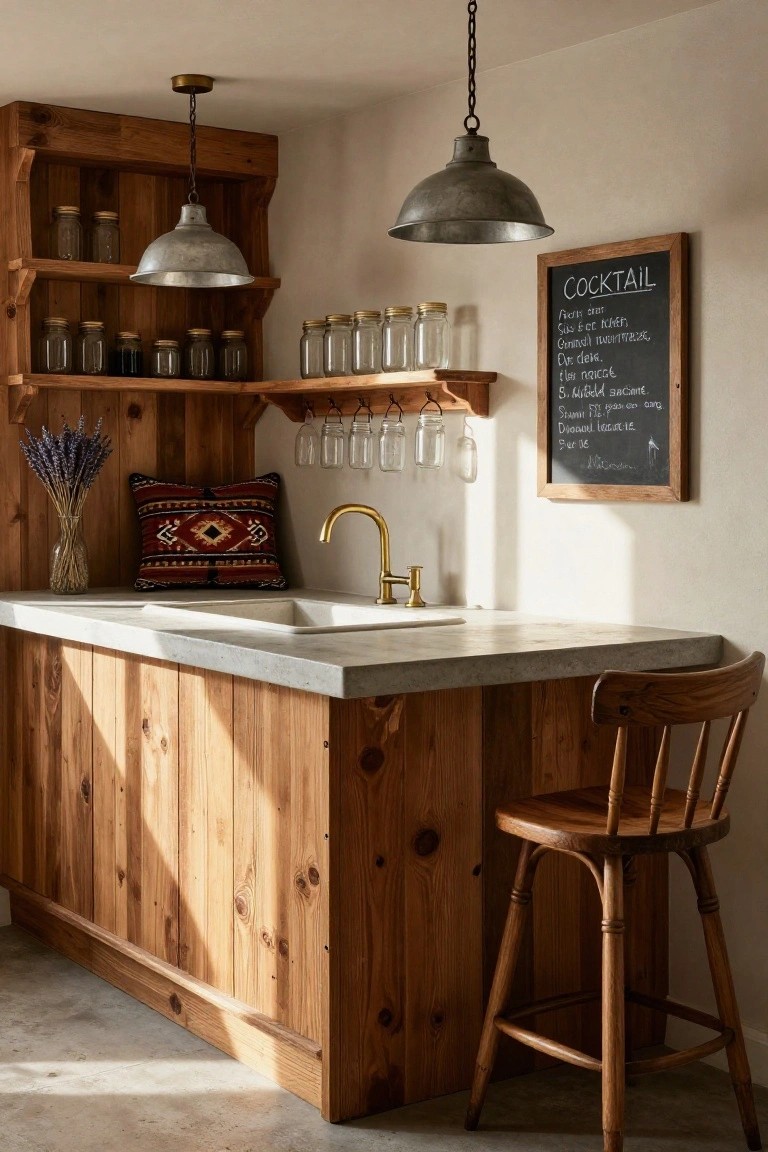Wooden bar counter with concrete top and sink, open shelves holding glass jars, hanging glasses above, lavender vase, woven pillow, chalkboard cocktail menu, and wooden bar stool in a light interior.