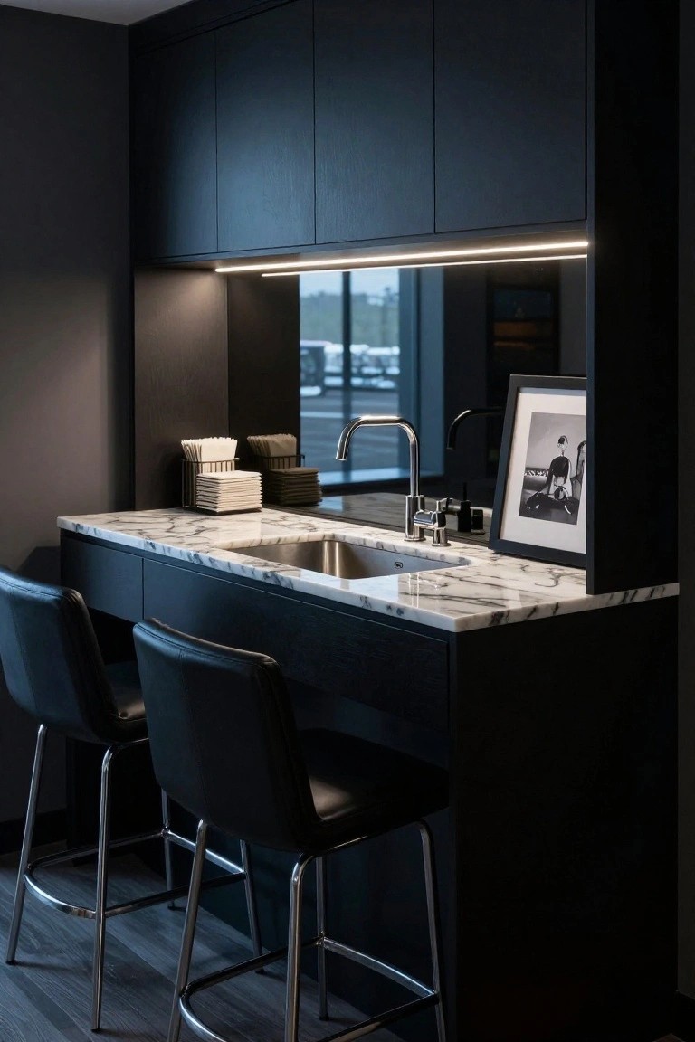 Interior view of a black wood cabinet bar counter with white marble top, integrated sink, two black leather stools, napkin holders, and a mirror splashback reflecting an outdoor scene.