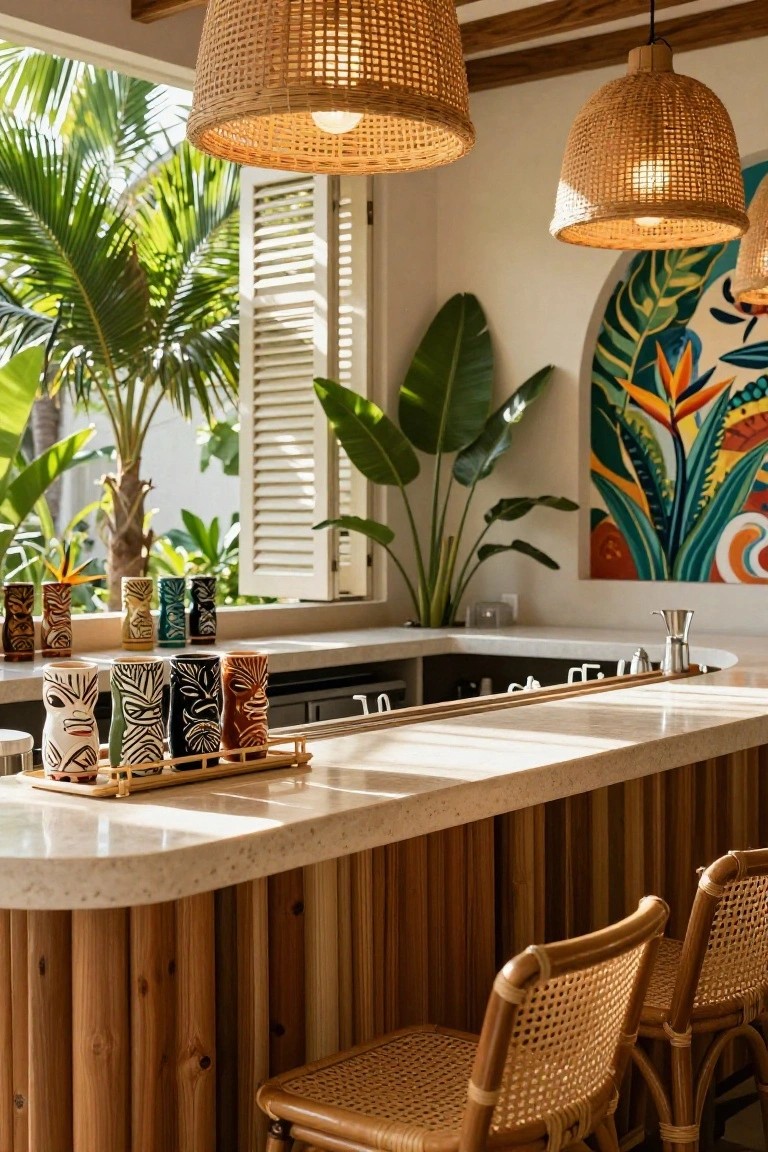 Curved indoor bar with white countertop on bamboo-wrapped wooden legs, rattan stools, hanging woven lamps, tray of colorful tiki mugs, indoor plants, and open shutters to palm trees outside.