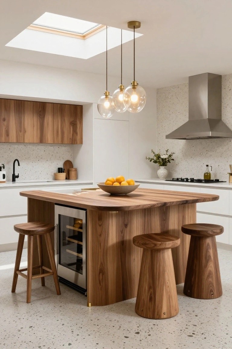 Modern kitchen with white cabinets, a large curved wooden island featuring a built-in wine cooler, wooden bar stools, terrazzo flooring, pendant lights, and a stainless steel range hood.