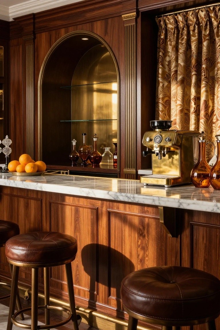 Home bar interior with dark wood paneling on walls and cabinets, white marble countertop, brass espresso machine, glass shelves with decanters, and two brown leather barstools.