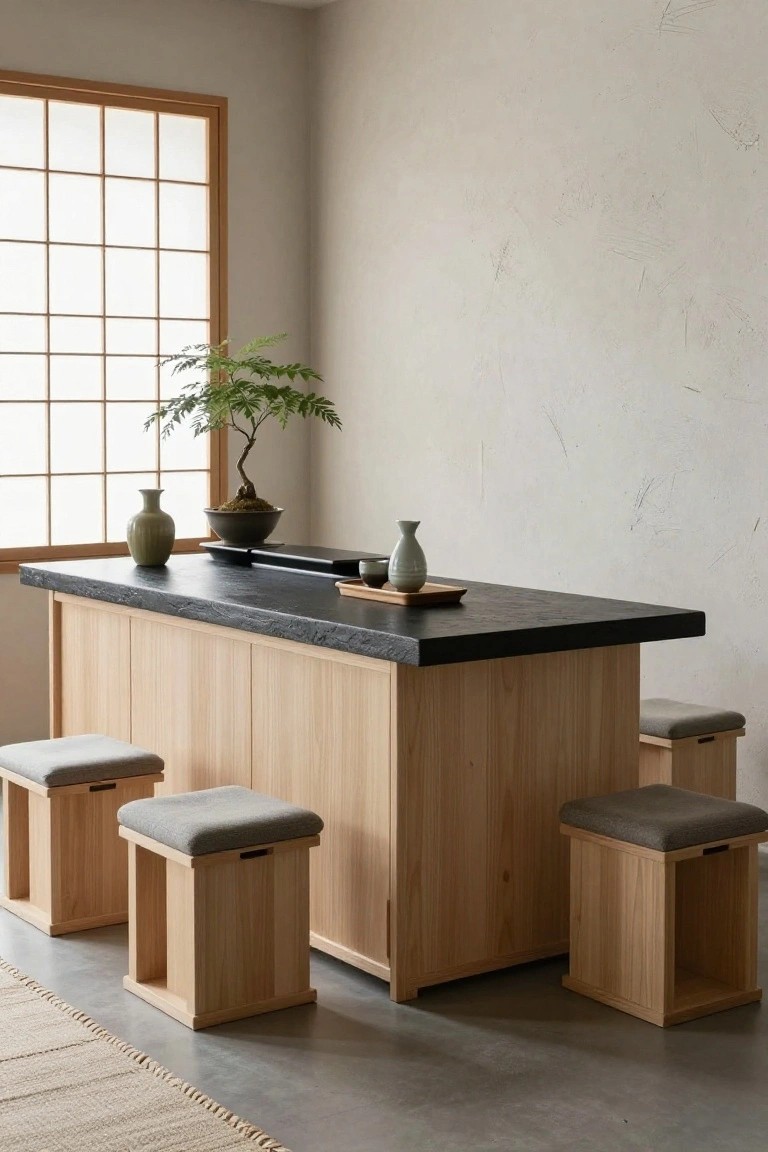 Minimalist indoor room with black stone-topped wooden bar table, low wooden stools with gray cushions, bonsai tree, ceramic vases and teacup on the table, next to shoji screen window.
