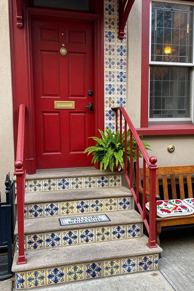 Red front door with brass knocker and letter slot on a house with blue, white, and yellow patterned tiles covering the entry steps, stair risers, and adjacent walls, flanked by a red railing, potted fern, wooden bench with embroidered cushions, and welcome mat.