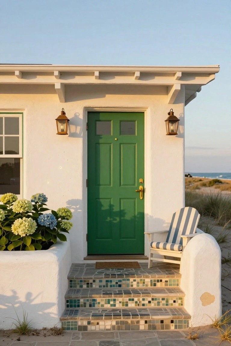 White stucco house exterior with green paneled front door, brass lanterns on walls, potted hydrangeas, striped Adirondack chair beside mosaic-tiled steps, beach dunes and ocean in background.