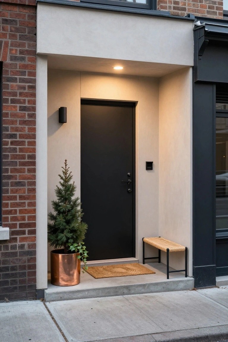 Front entrance of a brick rowhouse with a modern stucco-covered porch, black front door, wall light, small potted fir tree in copper planter, rattan bench, and woven doormat on concrete steps beside a sidewalk.