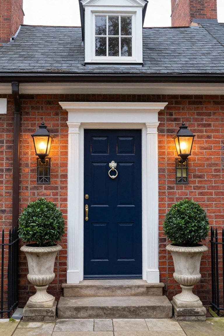 Red brick house facade with centered navy blue front door under white columns, flanked by black lanterns and stone urns with clipped green topiary plants on stone steps.
