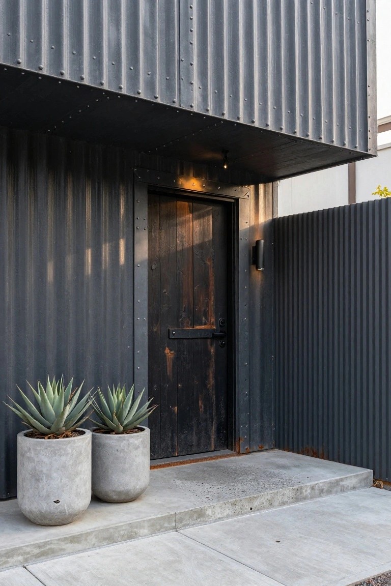 House entrance with dark vertical corrugated metal siding, a black weathered wooden door in a metal frame, two tall agave plants in concrete pots flanking the steps, and a concrete landing.
