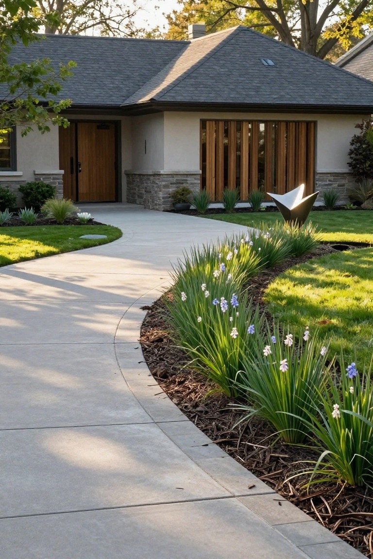 Curved concrete pathway leading to a modern house entrance, bordered by tall green grasses with purple flowers and mulched beds.