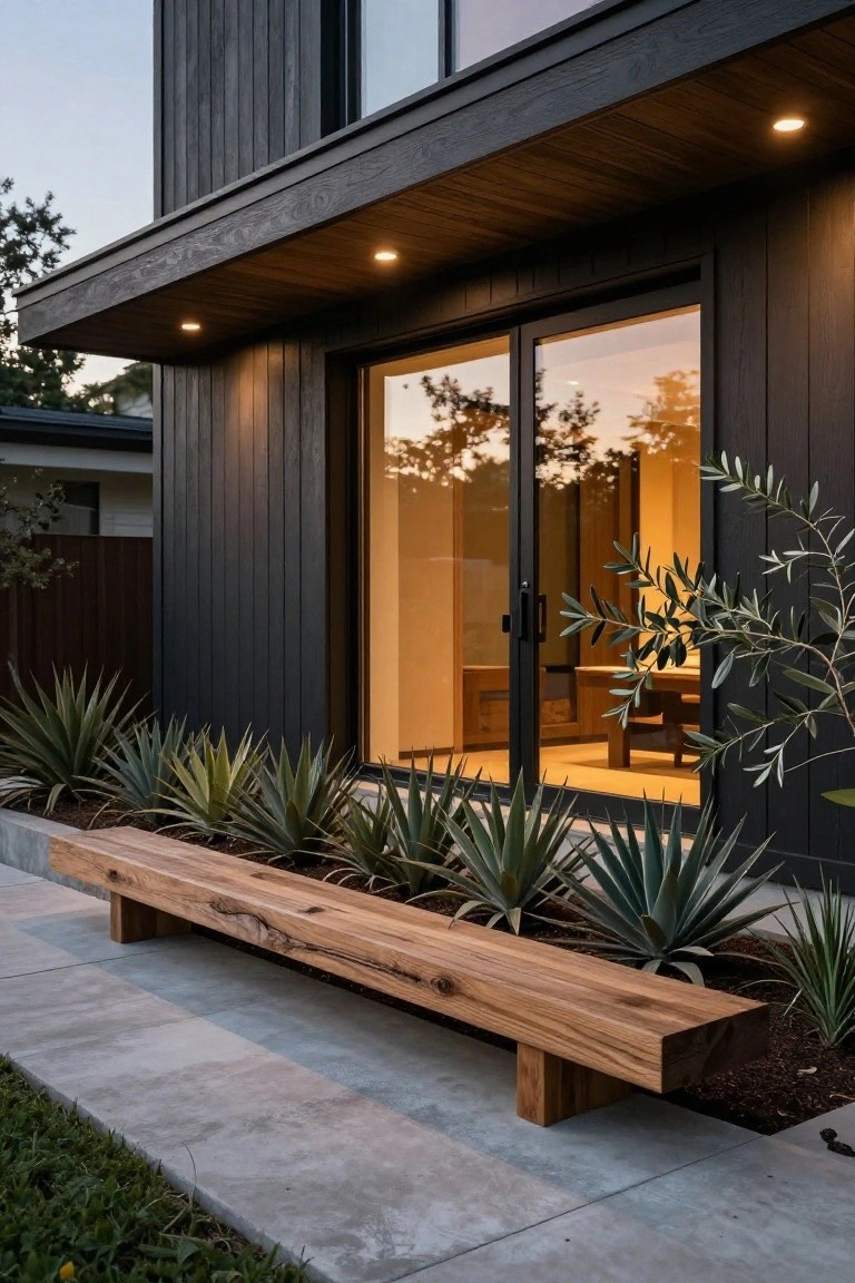 Modern house exterior with black wood cladding and large sliding glass doors flanked by olive branches, featuring a long live-edge wooden bench on a concrete planter bed containing multiple agave plants along a concrete path edged by grass.