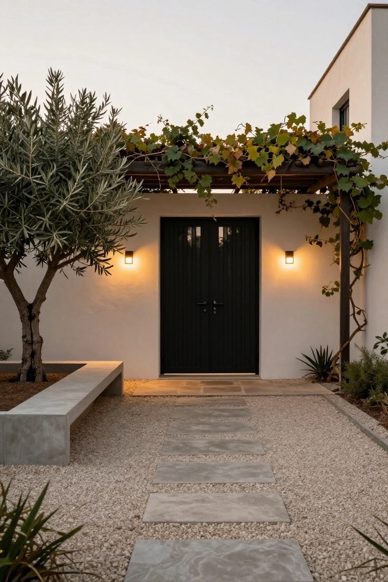 White stucco exterior entrance featuring black double doors under a vine-covered wooden pergola, with an olive tree to one side, concrete bench, wall lights, stone paver path on gravel ground, and agave plants nearby.