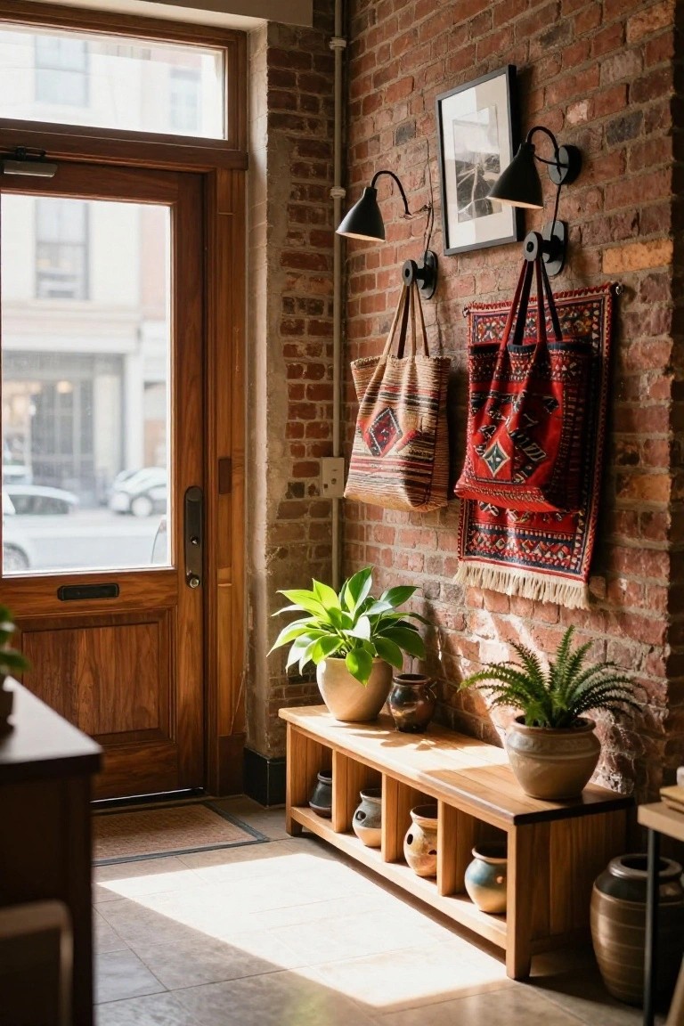 Brick-walled interior entryway featuring a wooden bench with open cubby shelves holding various pottery pieces, hanging woven bags and a red rug on the wall, potted plants nearby, and a wooden door with glass panels opening to a street view.