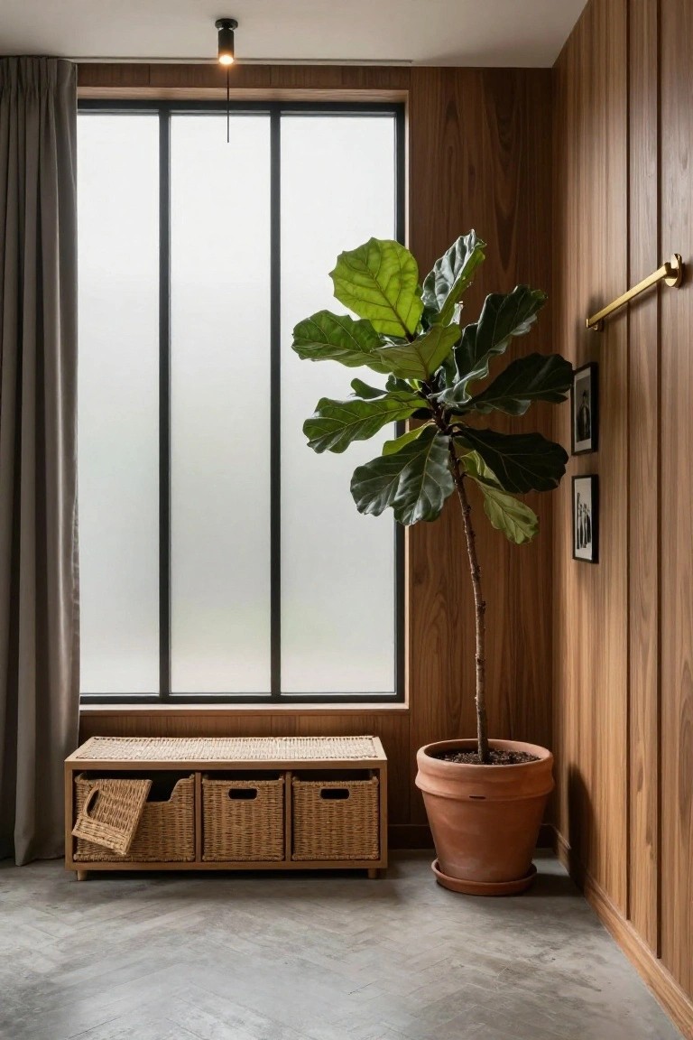 Wood-paneled interior corner featuring a low bench with three wicker basket drawers, a tall potted ficus tree in a terra cotta pot, a large window with gray curtains, and framed photos on the wall above a concrete floor.