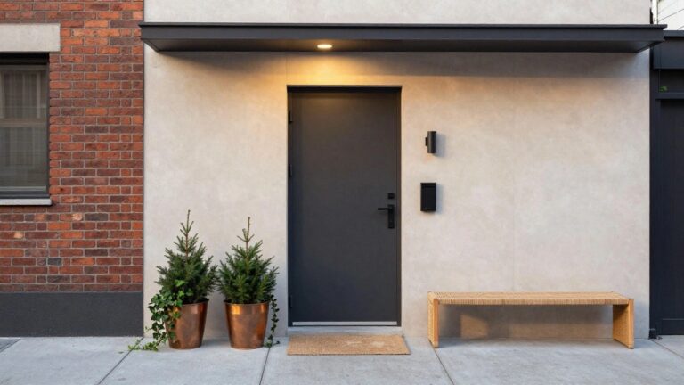 Front entrance of a brick rowhouse with a modern stucco-covered porch, black front door, wall light, small potted fir tree in copper planter, rattan bench, and woven doormat on concrete steps beside a sidewalk.