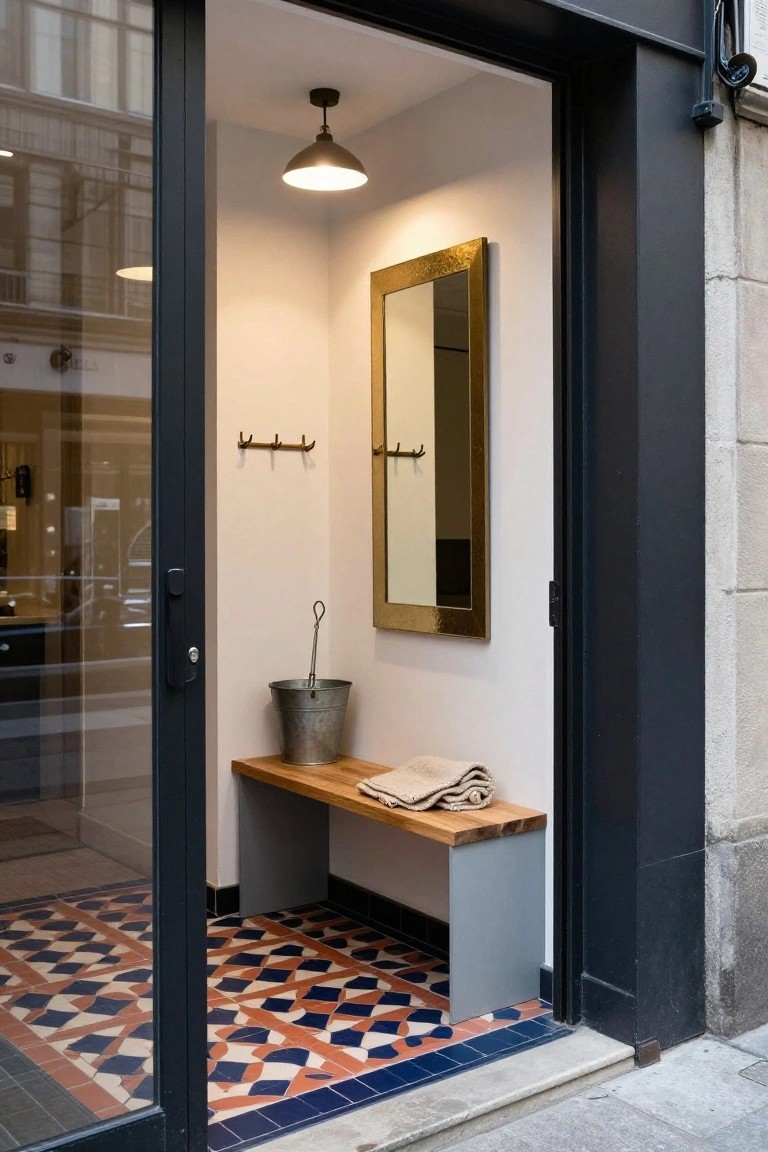 Open glass entry door revealing a small white-walled vestibule with wooden bench on gray base, folded towel, metal bucket with handle, bronze coat hooks, tall gold-framed mirror, pendant light, and colorful geometric tiled floor.