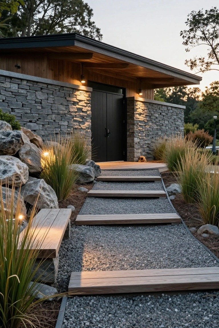 Contemporary house entrance with black door set in gray stone wall under wooden overhang, approached by gravel path with wooden steps and treads, flanked by large boulders and tall ornamental grasses.