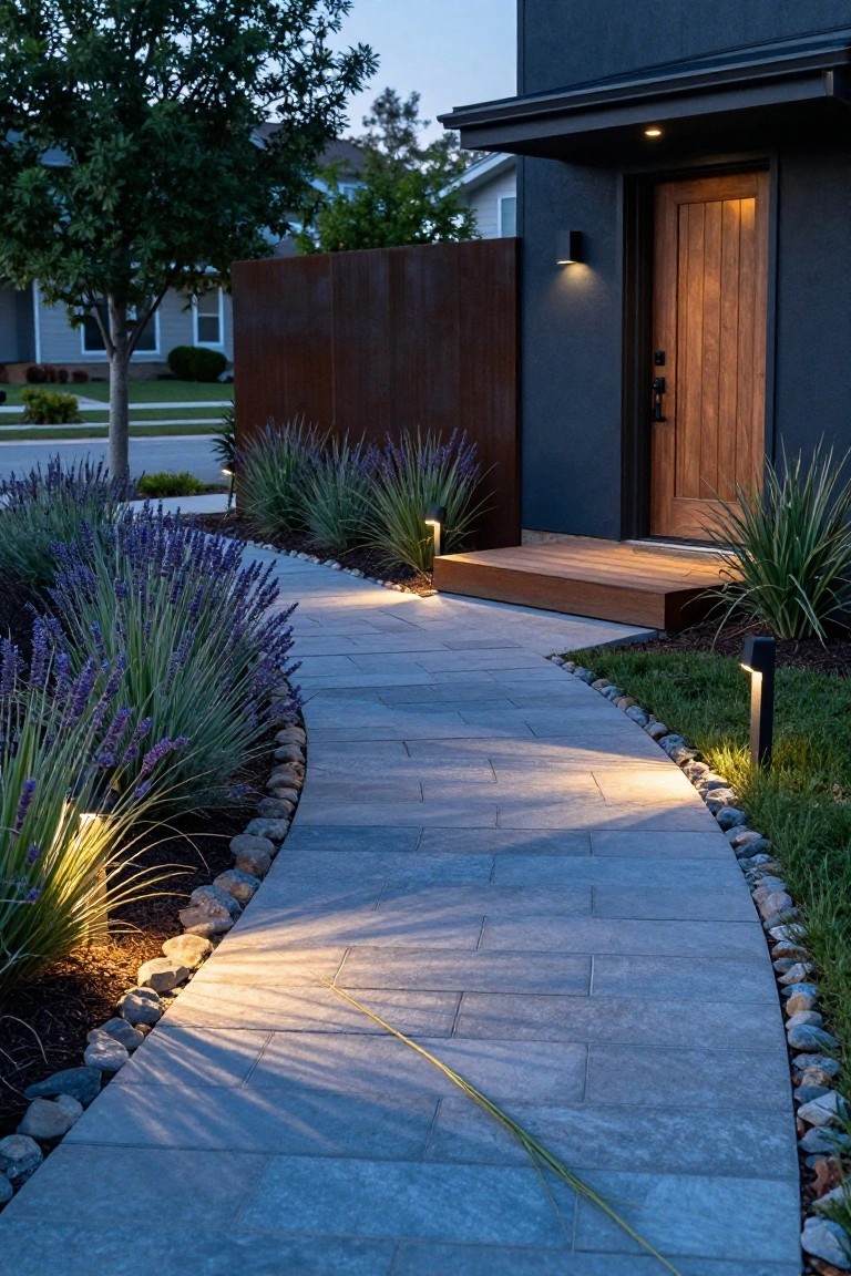 Curved gray stone pathway edged with lavender plants, river rocks, and low black ground lights leading to the wooden door of a dark modern house at dusk.