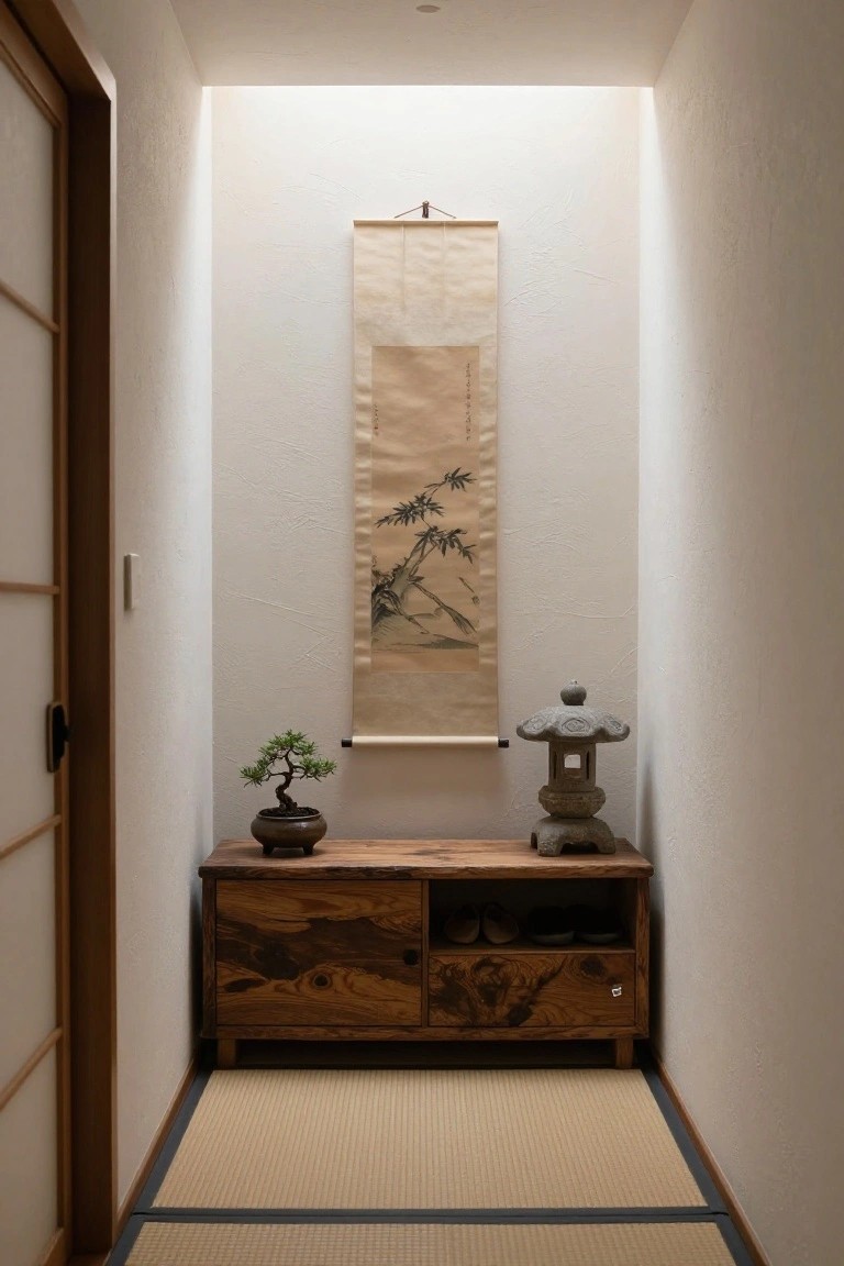 Narrow Japanese-style entry hallway with light wood walls, a low wooden console cabinet holding shoes and topped with a bonsai tree in a brown pot and a gray stone lantern, a tall beige scroll painting hanging nearby, and beige tatami mats on the floor.
