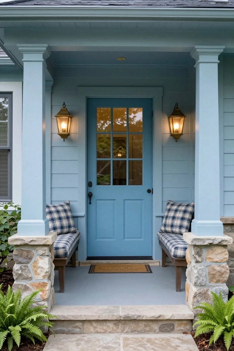 Light blue house exterior with white columns supporting a covered porch, a blue paneled front door with nine glass panes, brass lanterns on each side, plaid-cushioned wooden benches on stone bases flanking the door, ferns and plants at the base, and stone steps leading up.