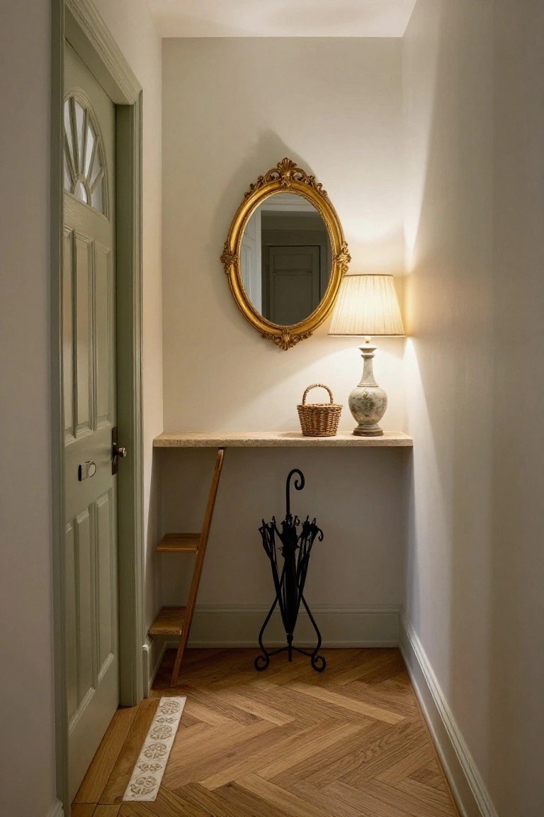 Narrow interior hallway with sage green door, ornate gold-framed round mirror, fabric-shaded lamp, ceramic vase and wicker basket on floating light stone shelf, leaning wooden ladder stool underneath, black metal umbrella stand, and herringbone parquet floor with patterned runner.