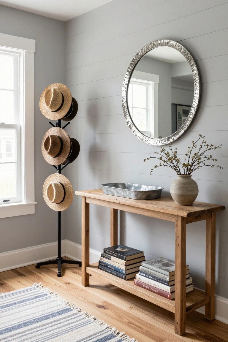 Gray shiplap-walled interior corner showing a tall black metal hat stand with three straw hats and one black hat, wooden console table with metal tray, beige vase of branches, stacked books, large hammered silver round mirror, window, hardwood floor, and striped rug.