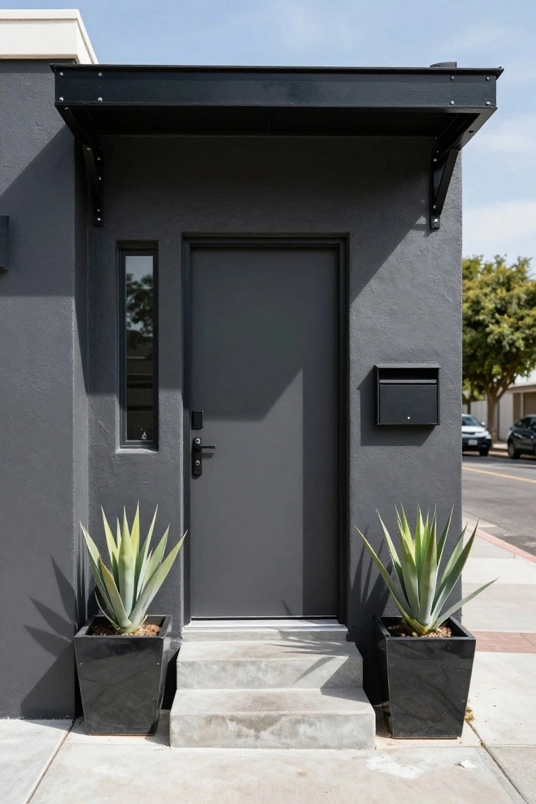 Modern house entrance with dark gray steel door, narrow vertical window, black metal awning, concrete steps flanked by two black pots each containing a large agave plant, wall-mounted black mailbox, and gray stucco wall.