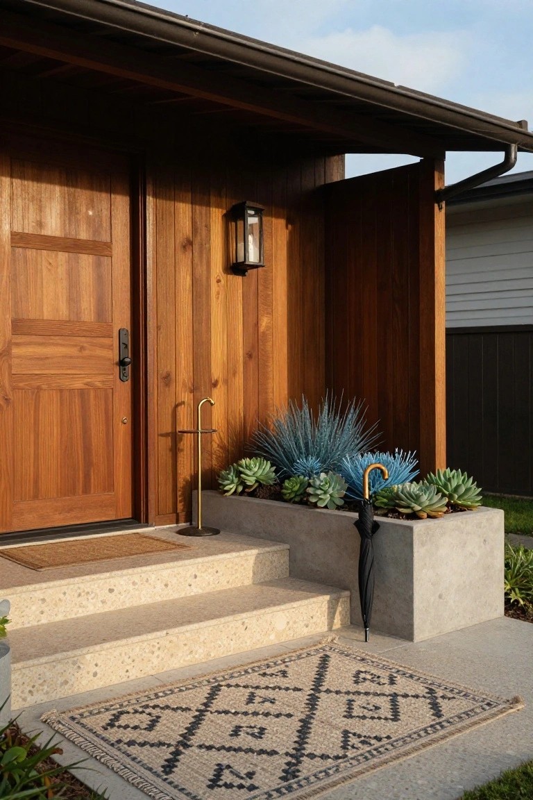 Front entrance of a house with vertical warm-toned timber cladding around a wooden door, flanked by a lantern light and concrete planter box filled with succulents and blue agaves, concrete steps leading to a woven outdoor rug, and a brass umbrella stand.