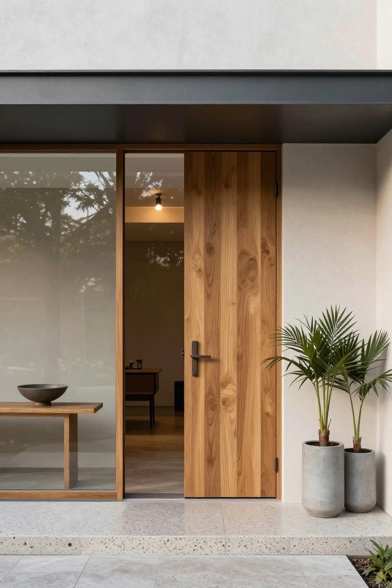 Modern house entrance with tall wooden door featuring vertical grain planks, black handle, adjacent floor-to-ceiling glass panel revealing interior bench and light, two potted palm plants in tall concrete pots beside door on light stucco wall under gray metal overhang and concrete step.