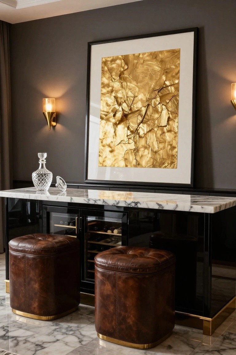 Black lacquered cabinet bar unit with white veined marble countertop and doors revealing wine bottles, two tan tufted leather pouf stools, crystal decanter and stopper on top, large gold leaf abstract painting on wall, brass wall sconces, gray walls, marble floor.