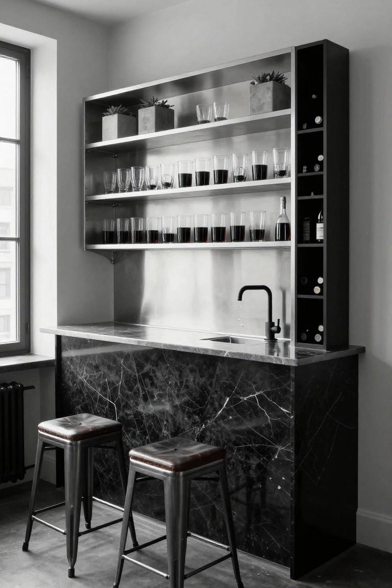 Black-and-white photo of a modern indoor bar with black marble countertop and base, stainless steel open shelving holding glasses and wine bottles, a black faucet and sink, two metal bar stools with leather seats, and a nearby window and radiator.