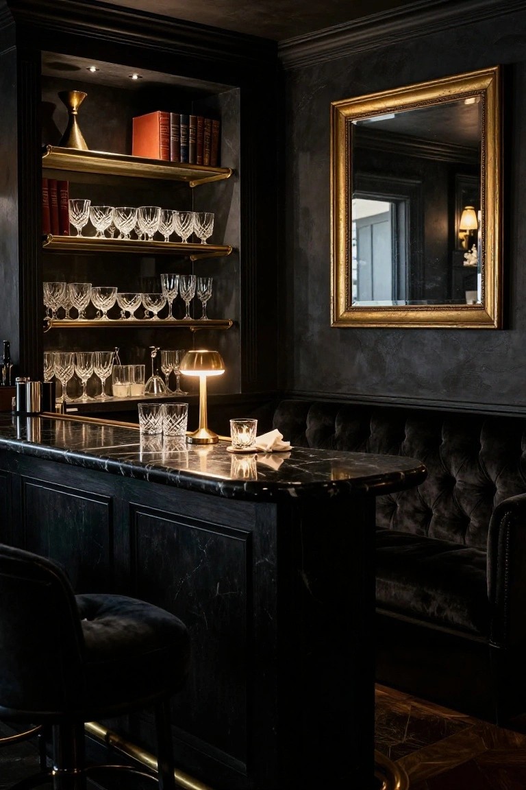 Dark wood bar cabinetry with black marble countertop, brass shelves displaying crystal glassware, gold-framed mirror on wall, and black velvet booth seating in a moody interior room.