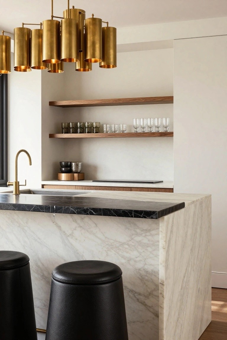 Modern kitchen island bar with black marble top, white veined marble sides, two black leather stools, brass chandelier hanging above, gold faucet at sink, and wood shelves with glassware on white wall.