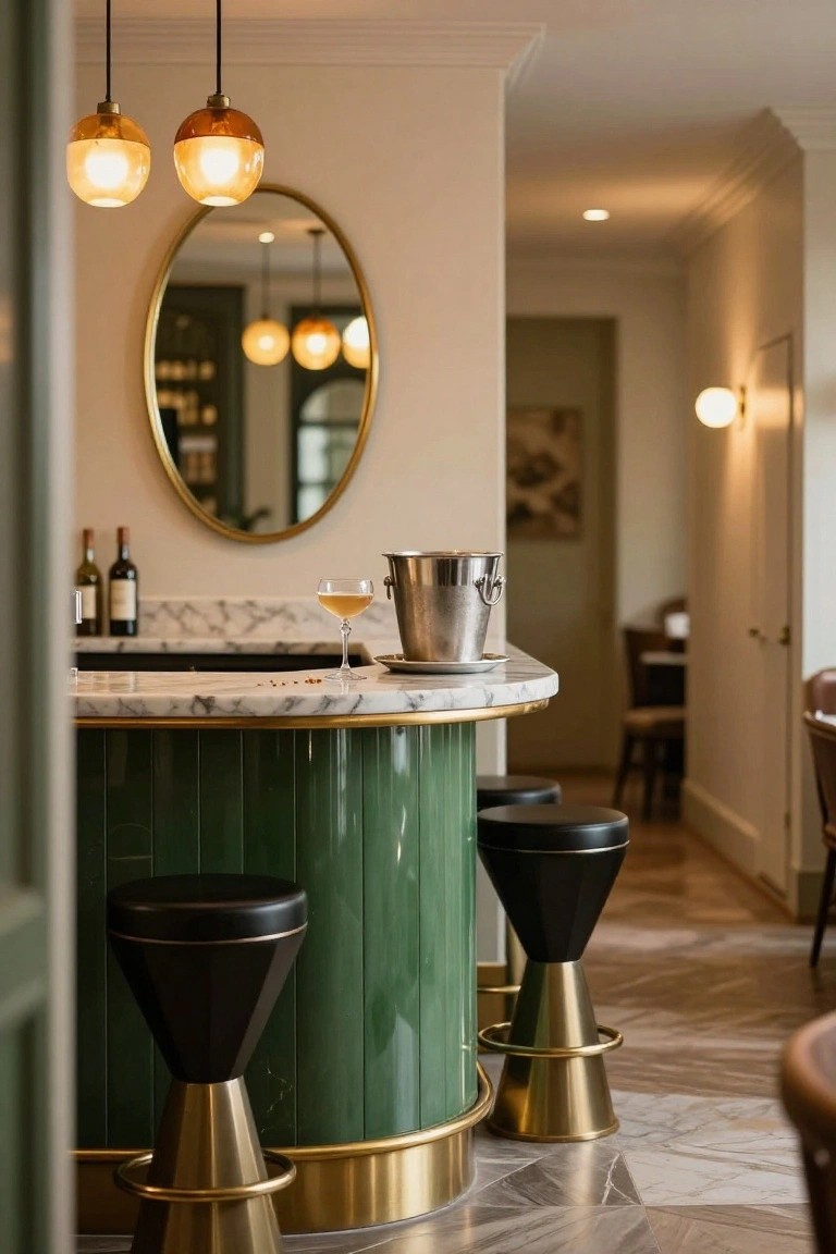 Curved bar counter with white marble top and glossy green paneled base, black leather stools with gold legs, silver champagne bucket, wine glass, two wine bottles, oval mirror on wall, and hallway beyond.