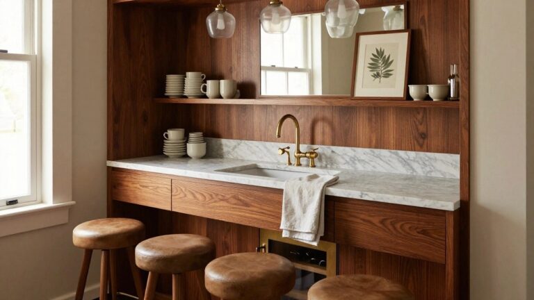 Corner indoor bar with walnut wood cabinetry and upper shelving, white marble countertop and backsplash with brass faucet and sink, integrated wine cooler, two leather barstools, and stacked dishware on shelves.