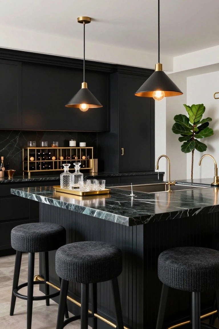 Kitchen with black cabinets, green marble island bar topped with glassware and wine rack, four black upholstered bar stools, gold pendant lights, and a potted plant nearby.