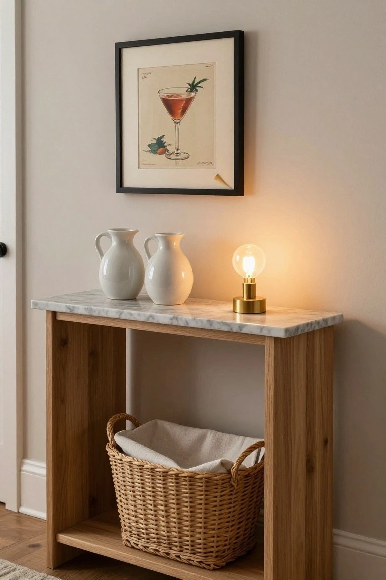 Narrow oak console table topped with white marble holding two white ceramic pitchers and a gold table lamp, with a wicker basket in the lower shelf, beside a black-framed print of a cocktail glass on a beige wall.