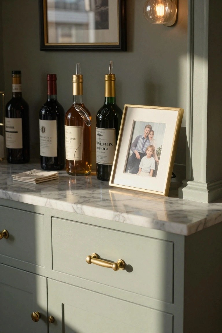 Sage green cabinet base with white marble countertop holding red and white wine bottles, oil dispensers, whiskey bottle, stacked napkins, and gold-framed family photo next to wall-mounted light fixture.