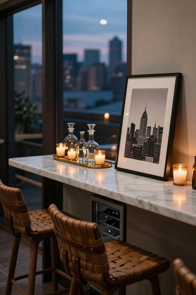 White marble countertop bar ledge with integrated under-counter wine cooler, woven leather bar stools, glass decanters, candles on gold tray, framed black-and-white city skyline print, and large window showing cityscape at dusk.