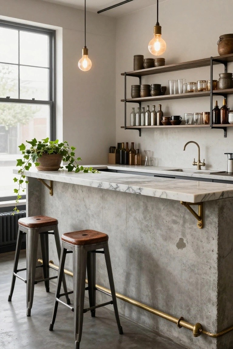 Kitchen bar counter with white veined marble top on gray concrete base supported by brass brackets, two gray metal stools with brown leather seats, ivy plant on counter, open wood shelves with pottery jars bottles and glasses, brass faucet, and hanging Edison bulb lights near window.