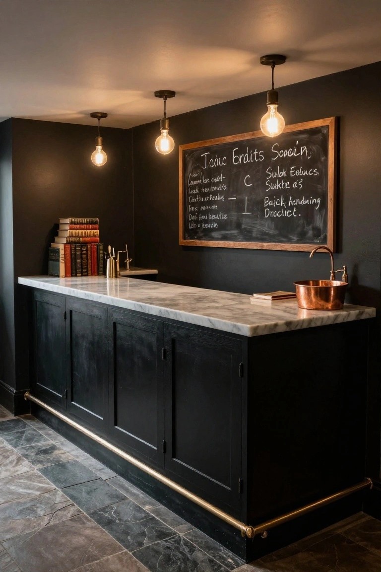 Black cabinetry bar counter with white marble top, stacked books, brass sink and basin, copper pitcher, and chalkboard menu on dark wall under pendant lights.