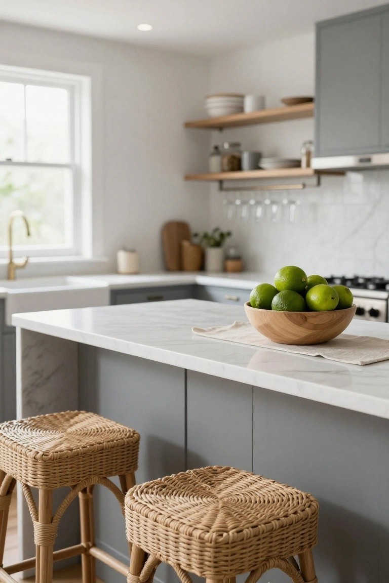 Kitchen island bar with white veined marble countertop holding a wooden bowl of limes on a linen runner, flanked by two rattan bar stools, gray lower cabinets, white cabinets above, brass faucet, and subway tile backsplash.