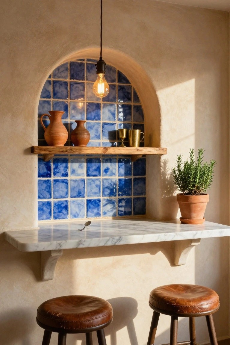 Arched wall niche with blue tiles, wood shelf holding terracotta pots and gold mugs, hanging exposed bulb light, white marble bar counter with spoon, terracotta pot of rosemary plant, and two leather stools below in a beige interior.