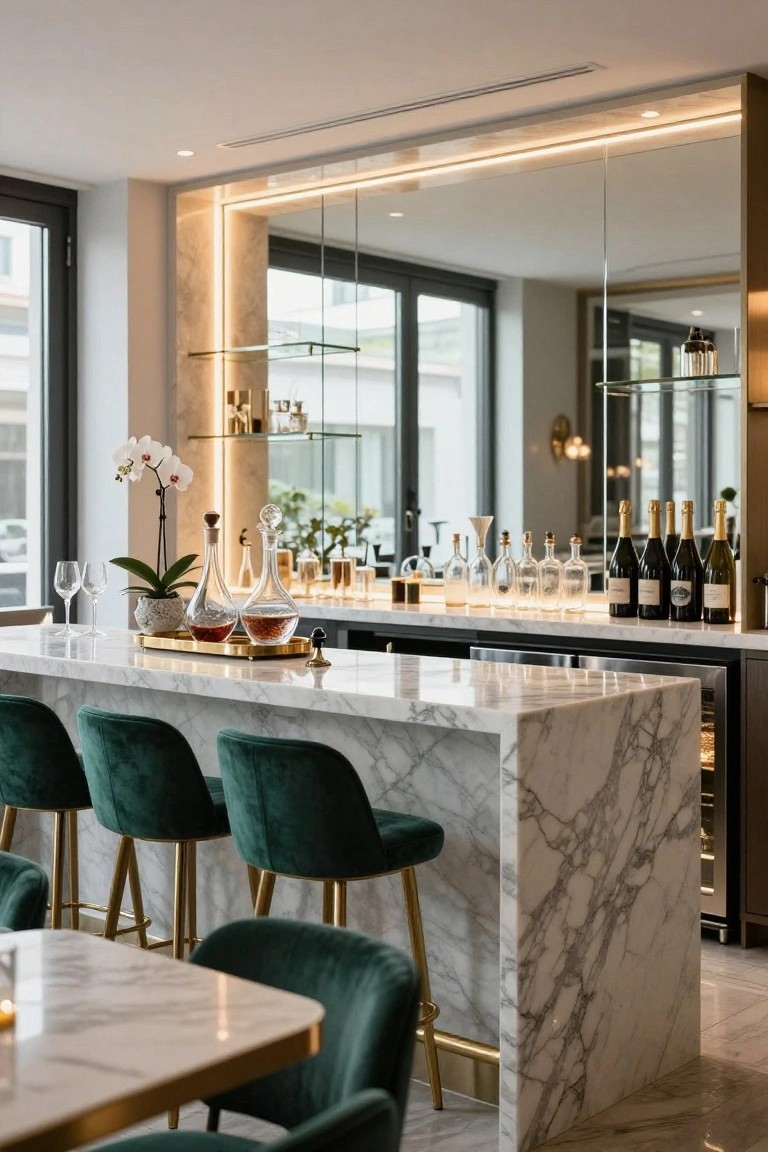Interior view of a white veined marble bar island with integrated wine cooler, emerald green velvet barstools on brass legs, backlit mirror wall, and displayed glass bottles and decanters.