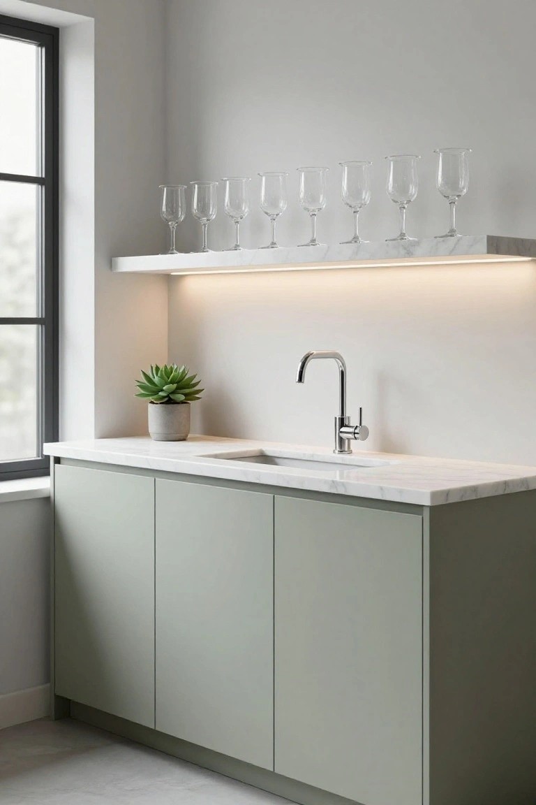 Interior view of a bar area with sage green lower cabinets, white marble countertop and integrated sink, chrome faucet, potted succulent plant, floating white shelf holding clear wine glasses with LED underlighting, against a light gray wall beside a black-framed window.